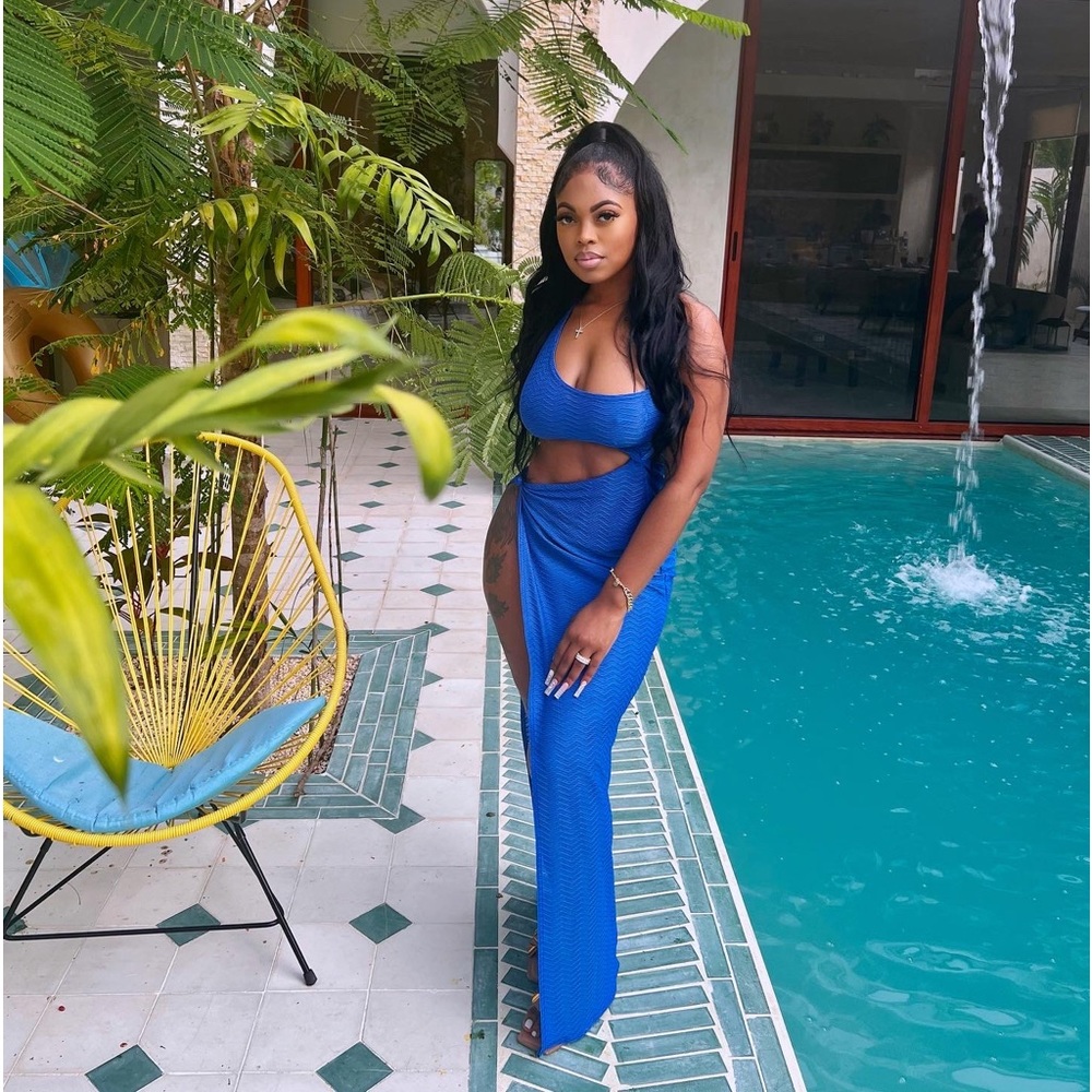 Shape Bright Blue Sheer Textured One Shoulder Split Maxi Dress